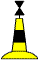 marque jaune et noire, surmontée de 2 cônes noirs (pointes face à face)